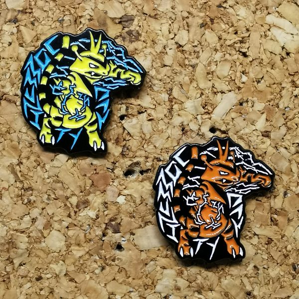 Normal and shiny versions of the Electabuzz pin on a cork board
